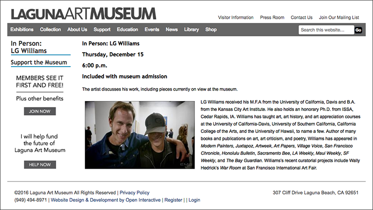 LG Williams Included In Laguna Art Museum Exhibition 
Opens October 16