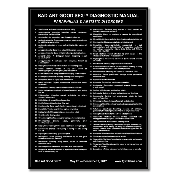 LG Williams, Bad Art Good Sex (Diagnostic Manual Poster), 2012, Lithograph on Paper.