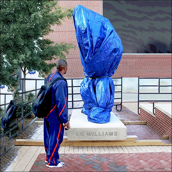 LG Williams, All The Photographers Are Snapping Away or Blind Justice (Restored Public Artwork #19 - Hickey), 2014, Blue Plastic Tarp And…