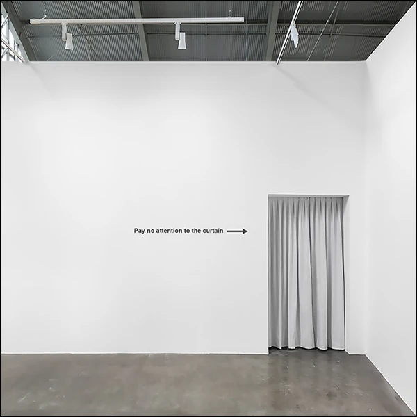 LG Williams, The Spectacular Unveiling Of Simulacral Authority In The Neo-Nabokovian Panopticon #11, 2025, Vinyl Lettering On Wall.