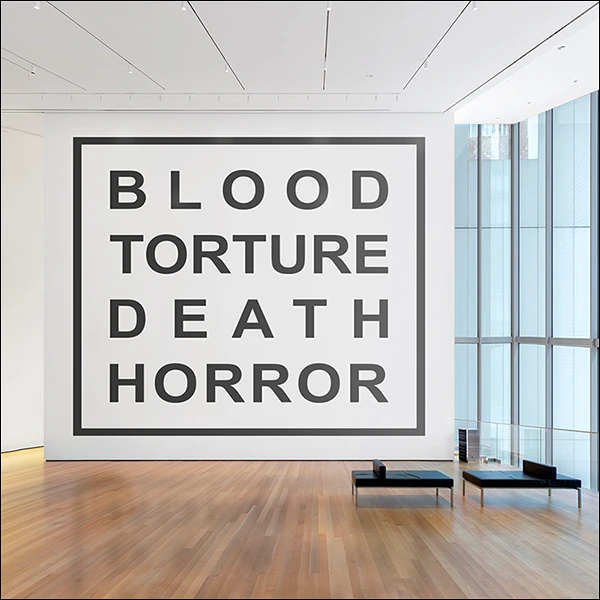 LG Williams, Blood, Torture, Death, And Horror, The Realms Of Mythlandia And Premenstrual Ritual, 2024, Vinyl Lettering On Wall.