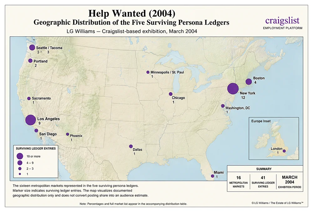 Map titled Geographic Distribution of the Five Help Wanted Artworks
