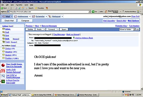 Yahoo Mail facsimile of an anonymous Help Wanted respondent writing, 'I'm pretty sure I love you and want to be near you,' preserved in the 2025 complete publication, PDF page 62.