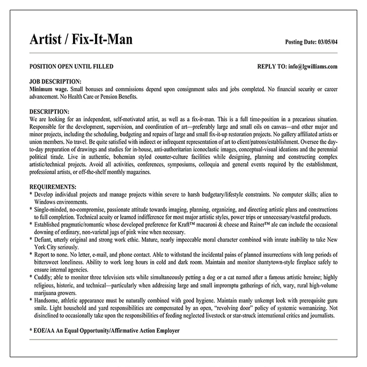 LG Williams — Help Wanted, 2004 Craigslist exhibition