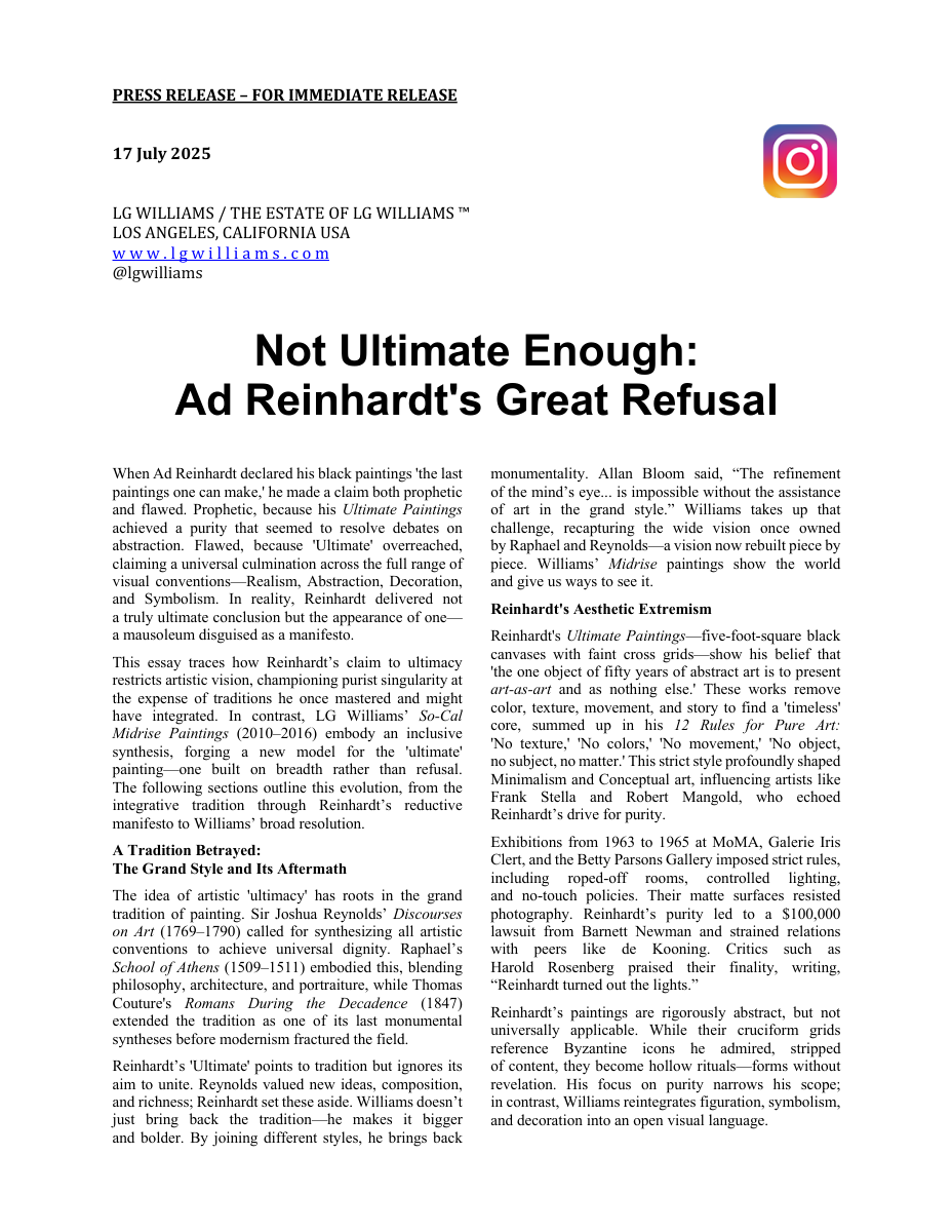 Essay: LG Williams honors Ad Reinhardt's refusal while accusing it of being too narrow to deserve its own ultimacy, 2025