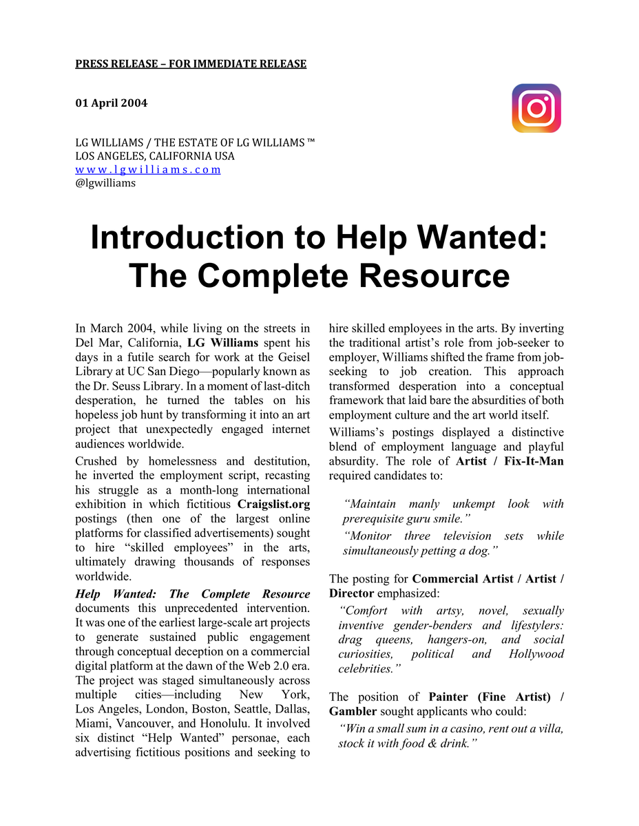 Essay: LG Williams introduces Help Wanted as one of his most important early digital interventions, born from homelessness and employment precarity, 2004