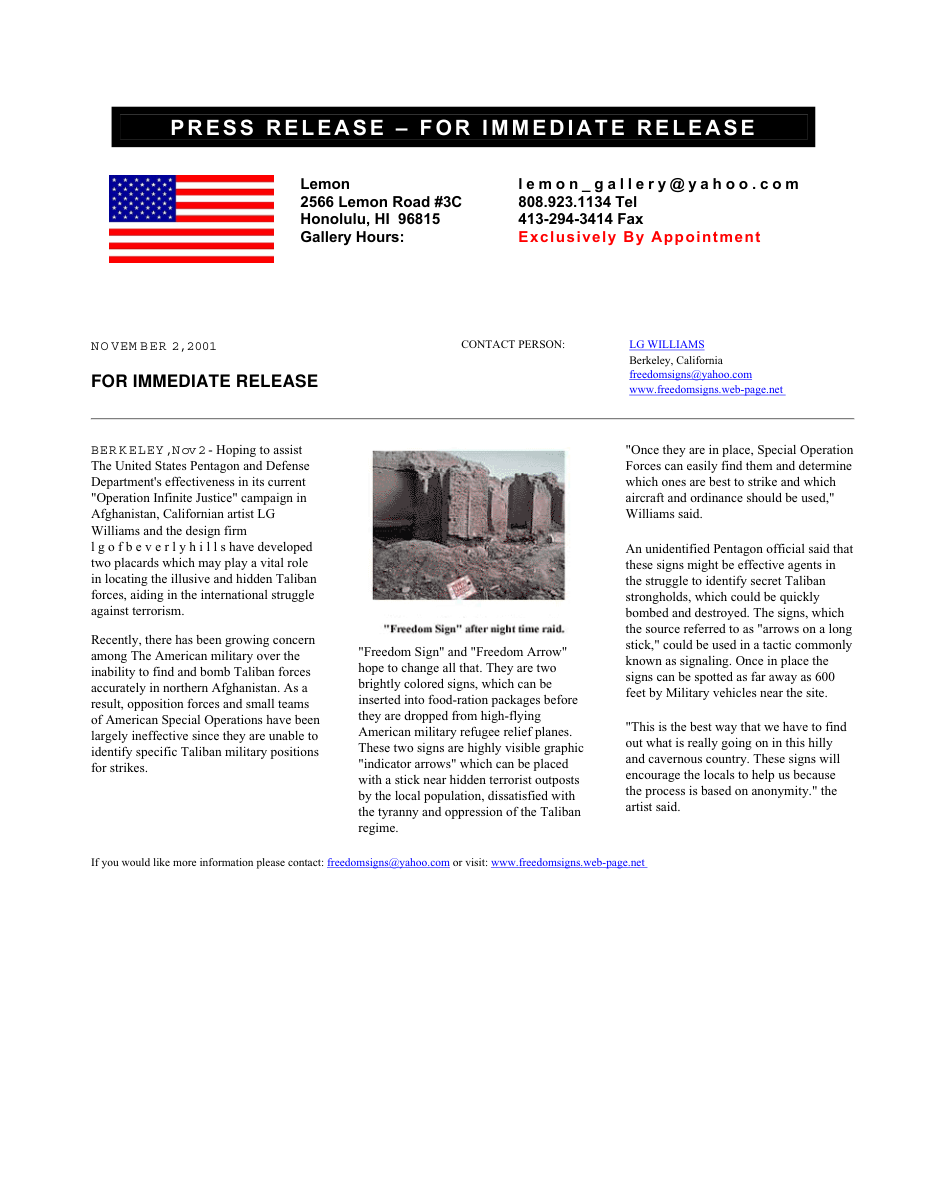 Essay: LG Williams proposes Freedom Sign and Arrow, cheerful graphic placards for Afghan civilians to direct American forces toward Taliban, 2001