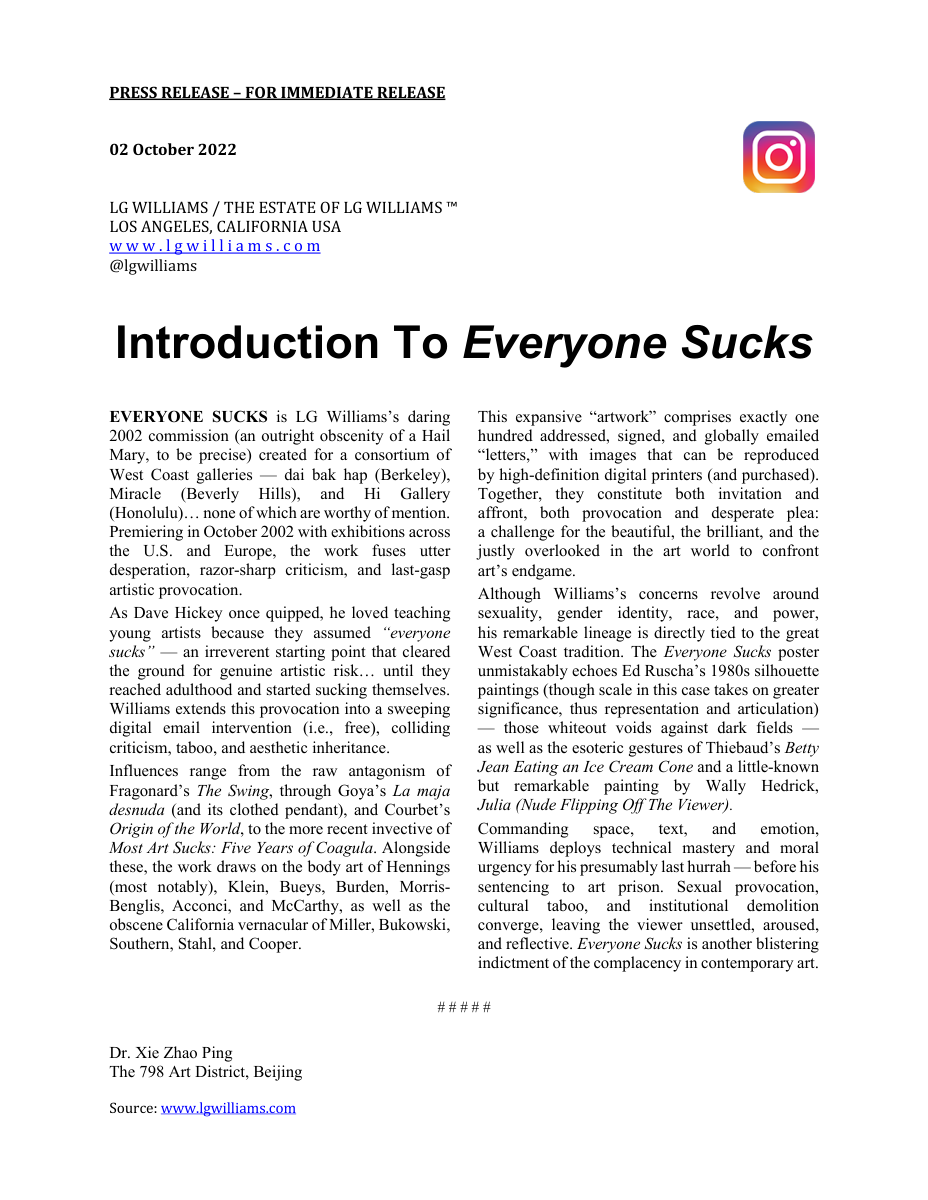Essay: LG Williams announces Everyone Sucks, a hundred-part digital commission deployed as accusation, invitation, and obscene art-historical verdict, 2002