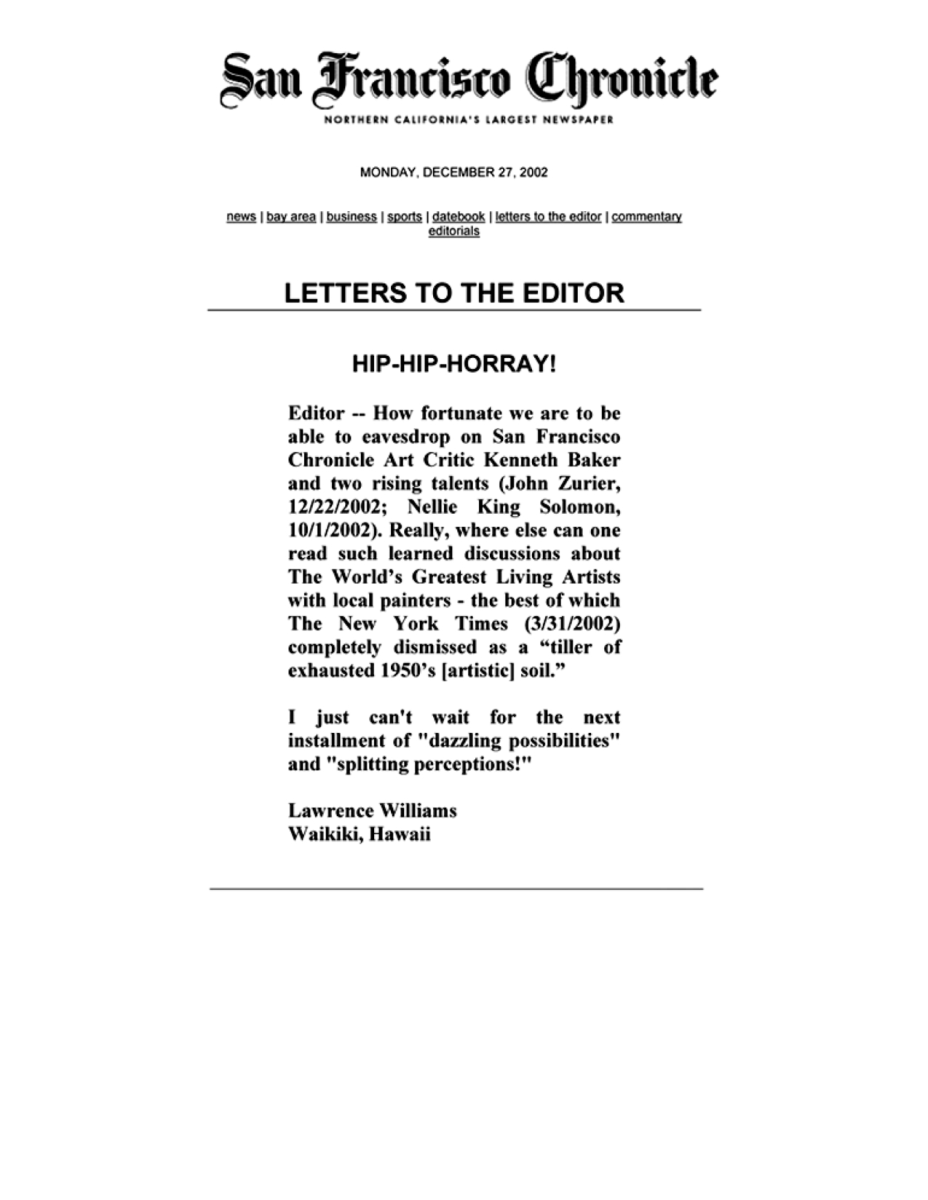 Letter: LG Williams praises Bay Area art writing while making the praise function as a death sentence invoking Robert Hughes on quality, San Francisco Chronicle, 2002