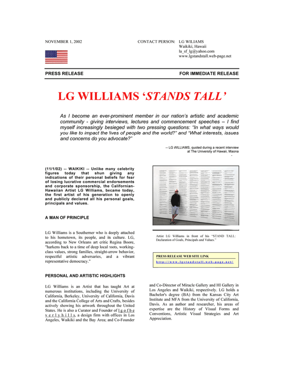 Essay: LG Williams presents Stands Tall as an installation turning the artist statement into a monumental bureaucratic wall of self-description, 2002