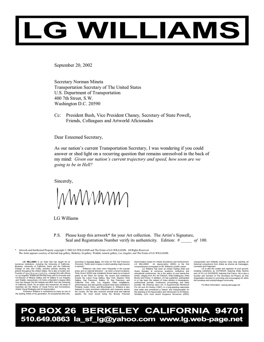 Letter: LG Williams asks the U.S. Transportation Secretary how soon the nation's current trajectory will deliver it to Hell, 2002