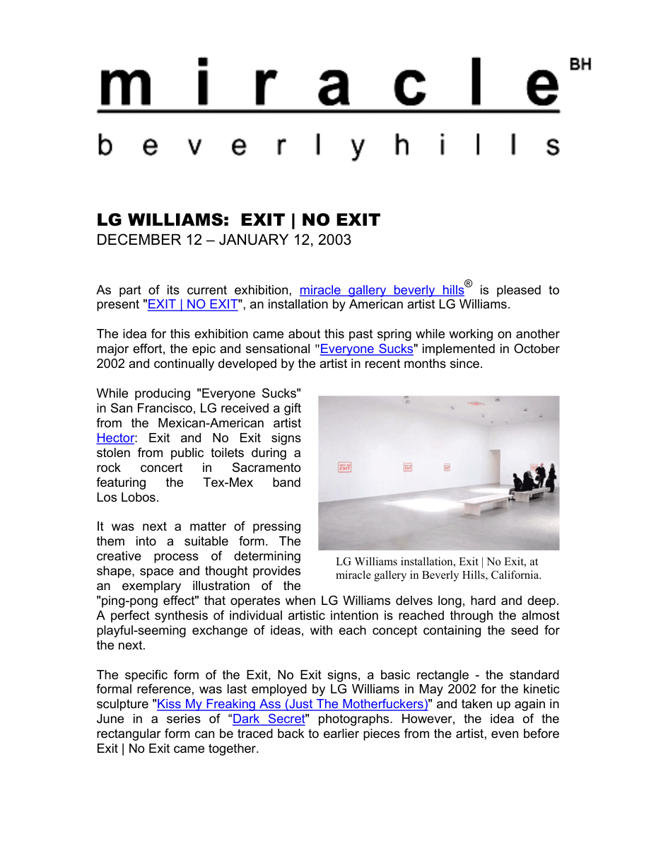 Essay: LG Williams turns stolen restroom signs into a Situationist philosophy of institutional passage, refusal, and overdetermined exits, 2003