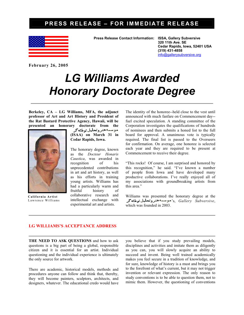 Press Release: LG Williams accepts an honorary doctorate while delivering a fierce manifesto against training mistaken for invention, 2005