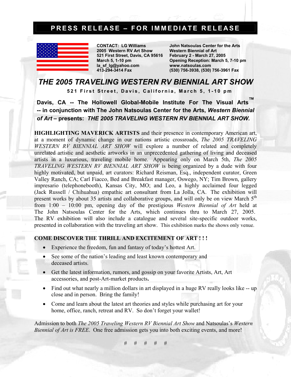 Essay: LG Williams presents the 2005 Traveling Western RV Biennial as a mobile anti-biennial with a dog as curator, 2005