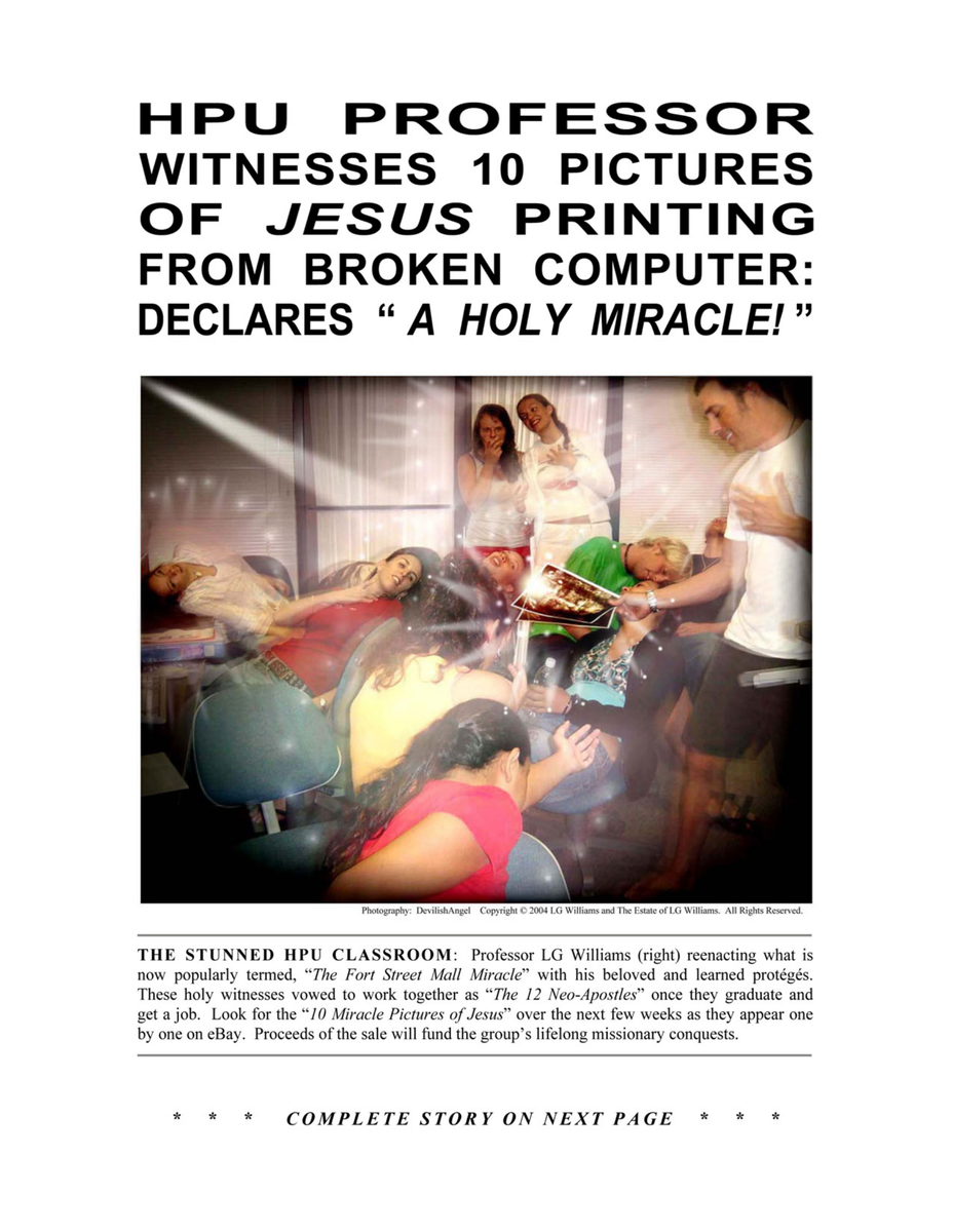 Essay: LG Williams stages a classroom printer as a miraculous Jesus image factory with twelve Neo-Apostles as witnesses, 2004