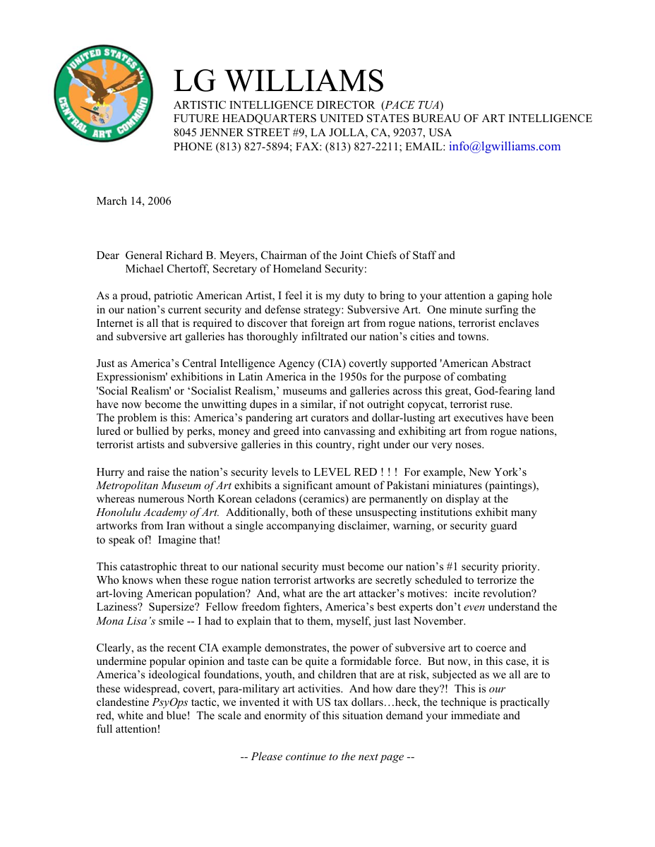 Letter: LG Williams proposes a Bureau of Art Intelligence to the Joint Chiefs of Staff, weaponizing Cold War art history as post-9/11 security doctrine, 2006