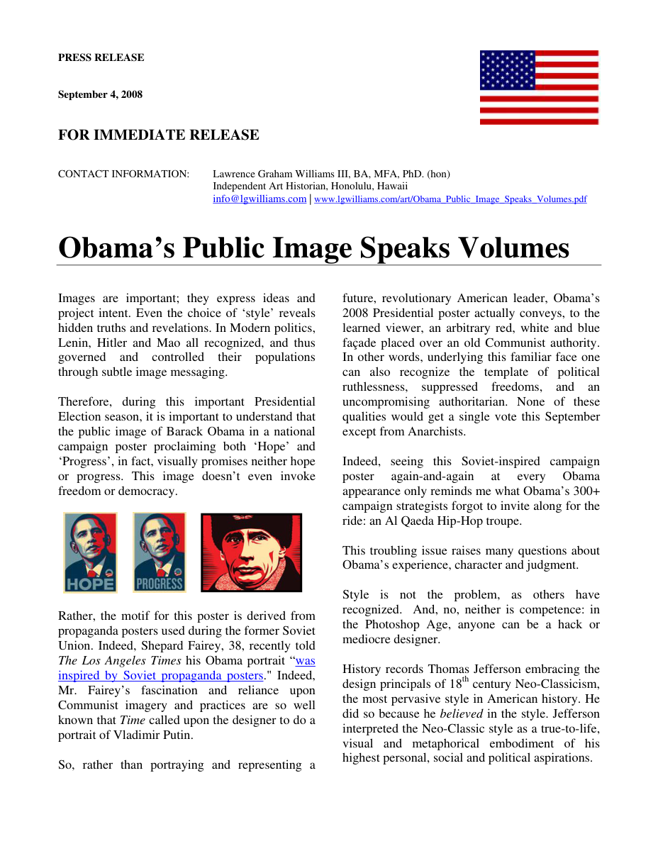 Essay: LG Williams attacks the Obama Hope poster as Soviet pastiche and a failure of political iconography, 2008