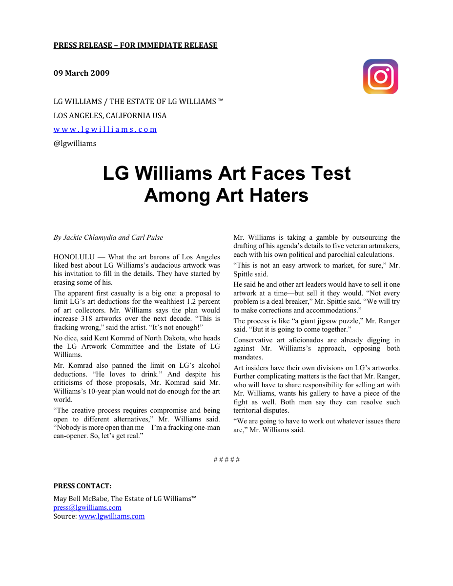 Essay: LG Williams parodies legislative negotiation by turning his art agenda into a bill subject to committee dilution, 2009