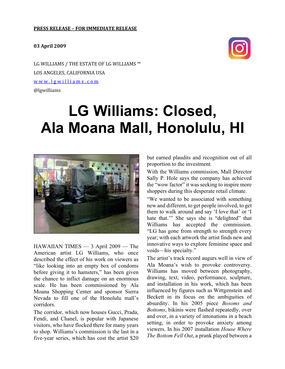 Essay: LG Williams stages CLOSED at Ala Moana Mall, turning a luxury retail corridor into a site for a twenty-dollar conceptual commission, 2009