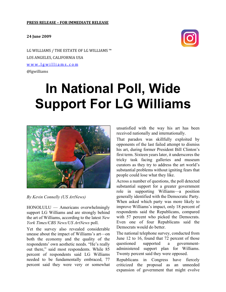 Essay: LG Williams parodies national polling by measuring American support for and dissatisfaction with his art as policy question, 2009