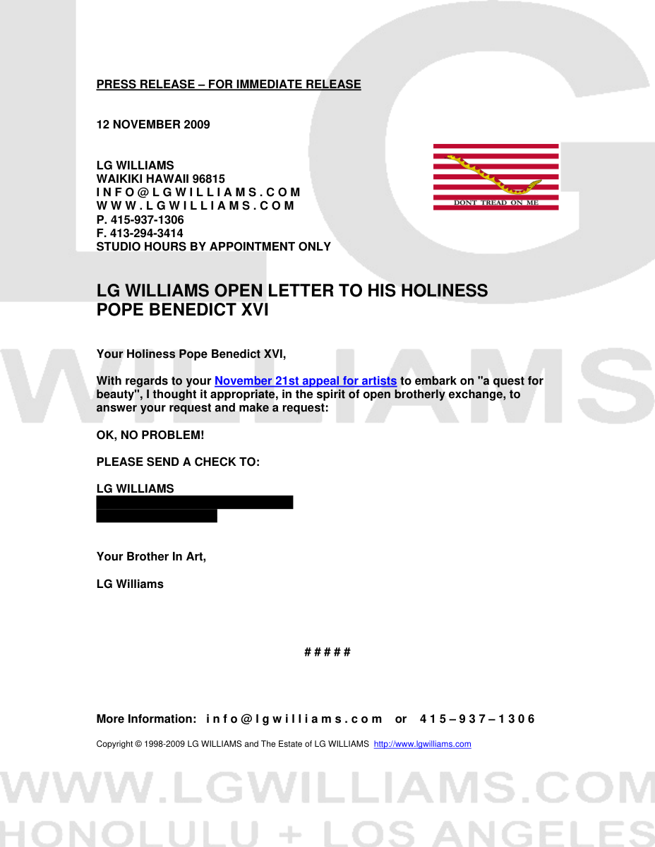Letter: LG Williams responds to Pope Benedict XVI's appeal to artists with a masterpiece of devotional brevity and cash-based theology, 2009