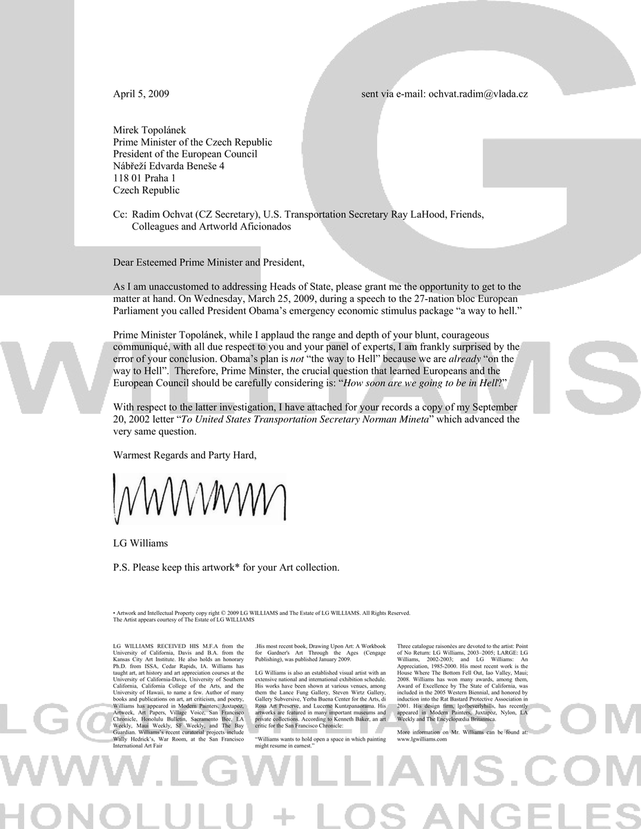 Letter: LG Williams sends his 2002 transportation question to Czech Prime Minister Topolanek amid European debt-panic theater, 2009
