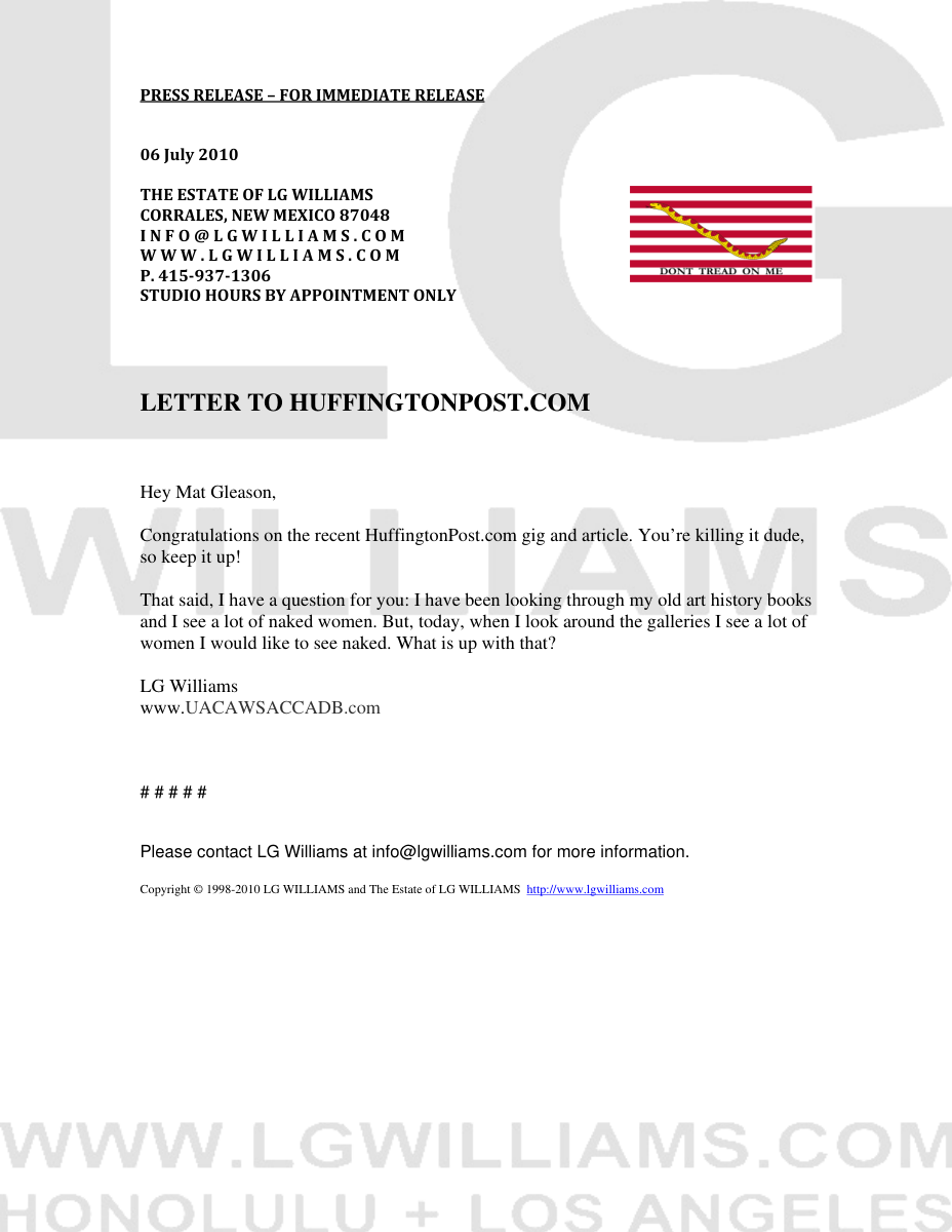 Essay: LG Williams collapses historical nude, contemporary desire, and art-world professional hypocrisy into a single embarrassing letter, Huffington Post, 2010