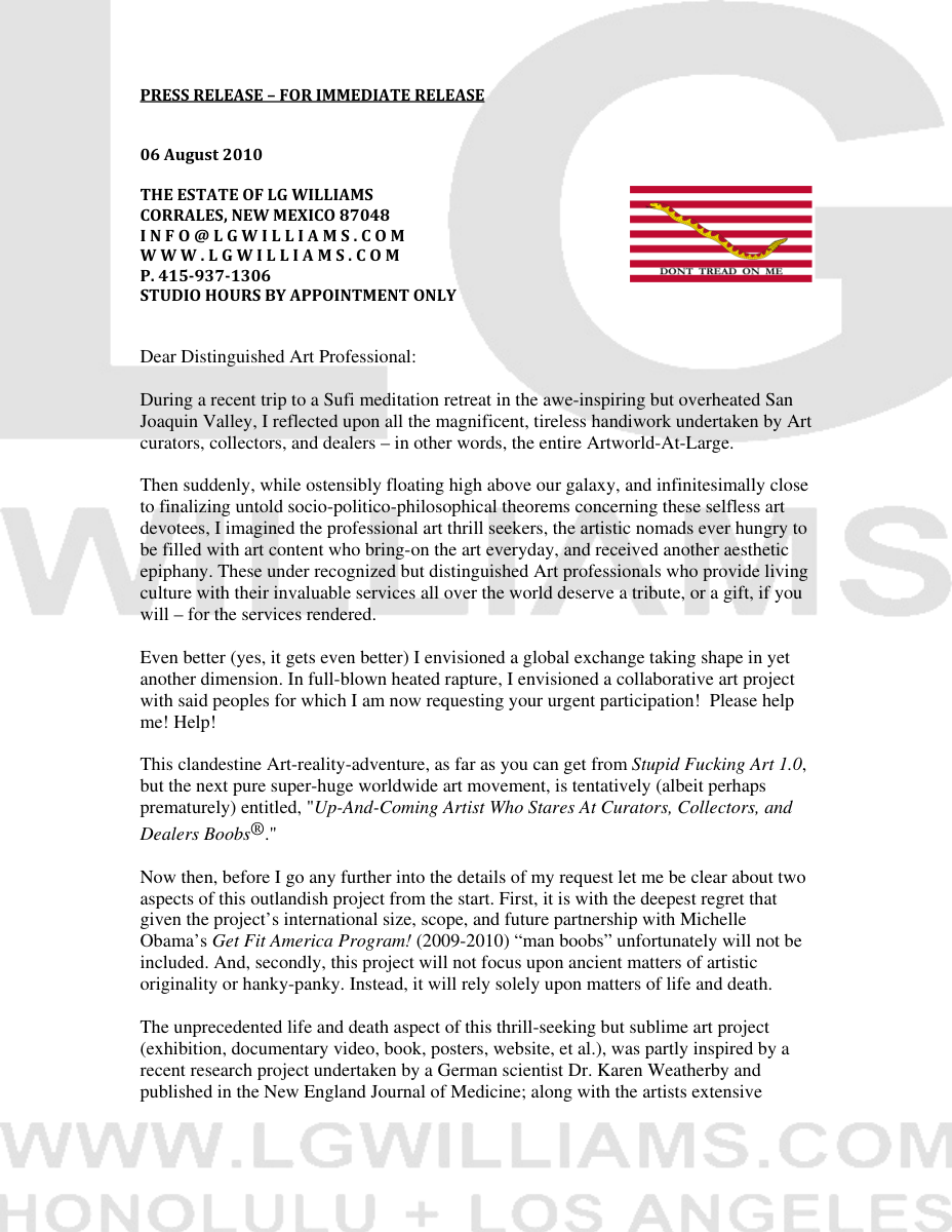 Essay: LG Williams solicits Distinguished Art Professionals for UACAWSACCADB, a fake global art movement built from mystical retreat and erotic attention, 2010