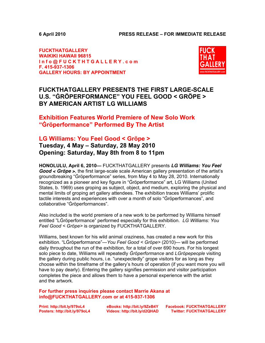 Essay: LG Williams announces Groperformance as a new pseudo-historic performance category at Fuckthatgallery Honolulu, 2010