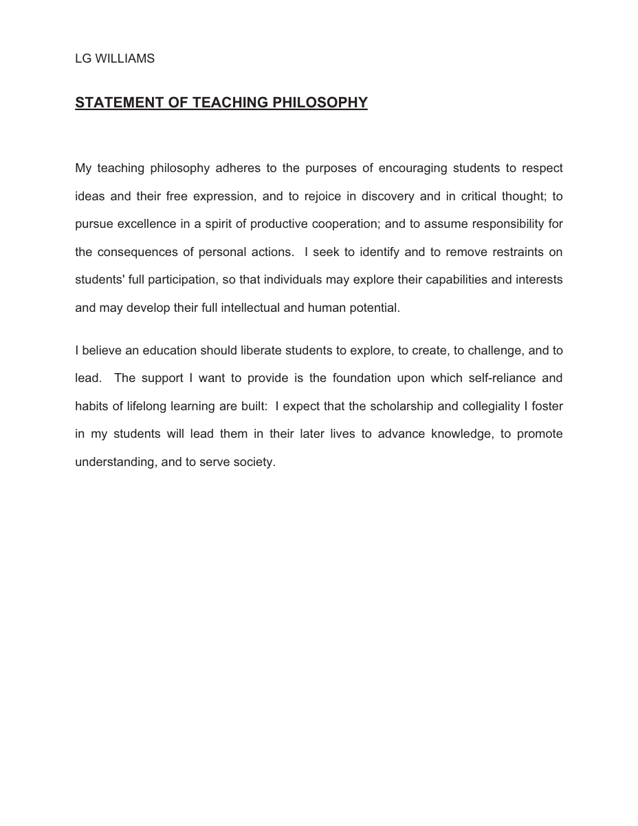 Statement: LG Williams teaching philosophy framing education as the removal of restraints on capability, curiosity, and consequence, 2015
