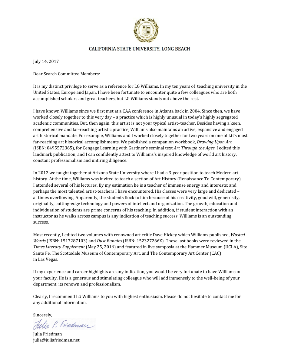 Letter: Julia Friedman's letter of recommendation establishes LG Williams as artist-teacher and serious art-historical force, 2017