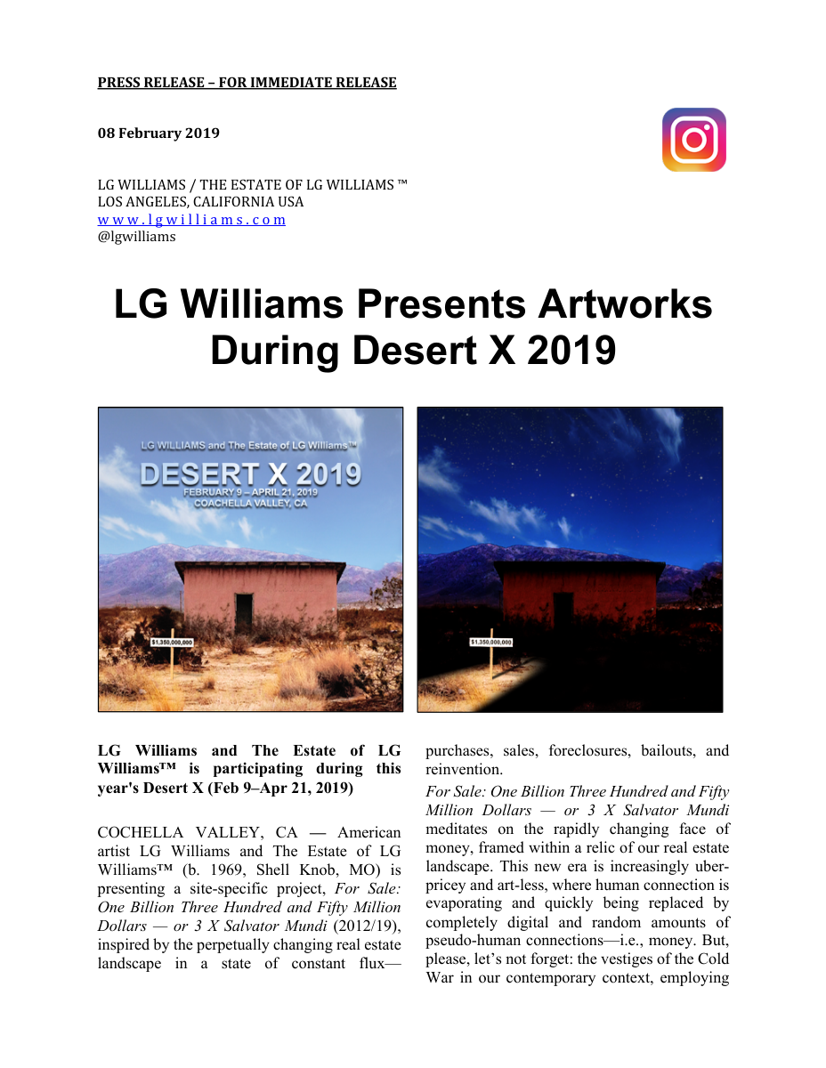 Essay: LG Williams presents Desert X work turning Twentynine Palms foreclosures into an obscene real-estate and art-market price tag, 2019