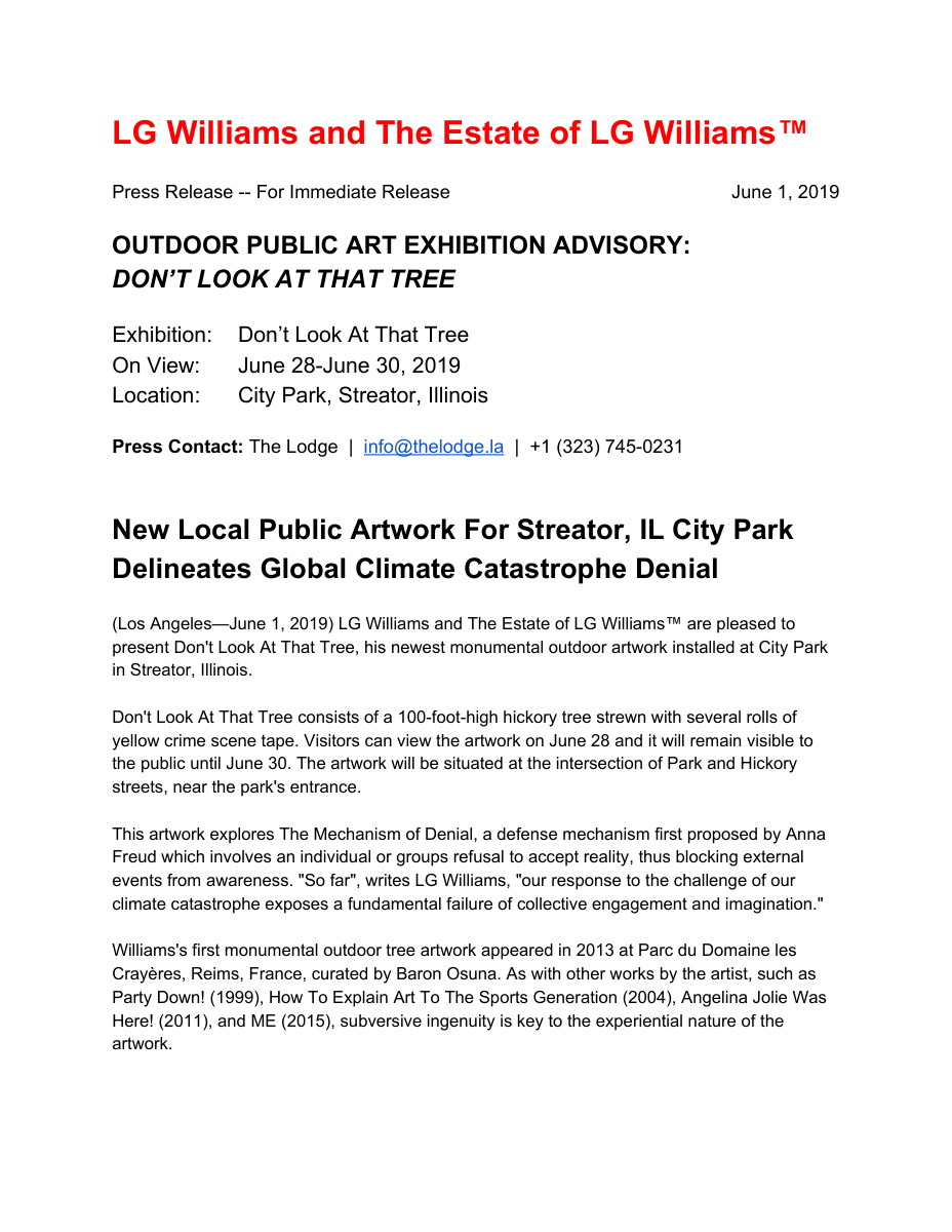 Essay: LG Williams wraps a hickory tree in crime-scene tape as a public monument to climate catastrophe denial, 2019