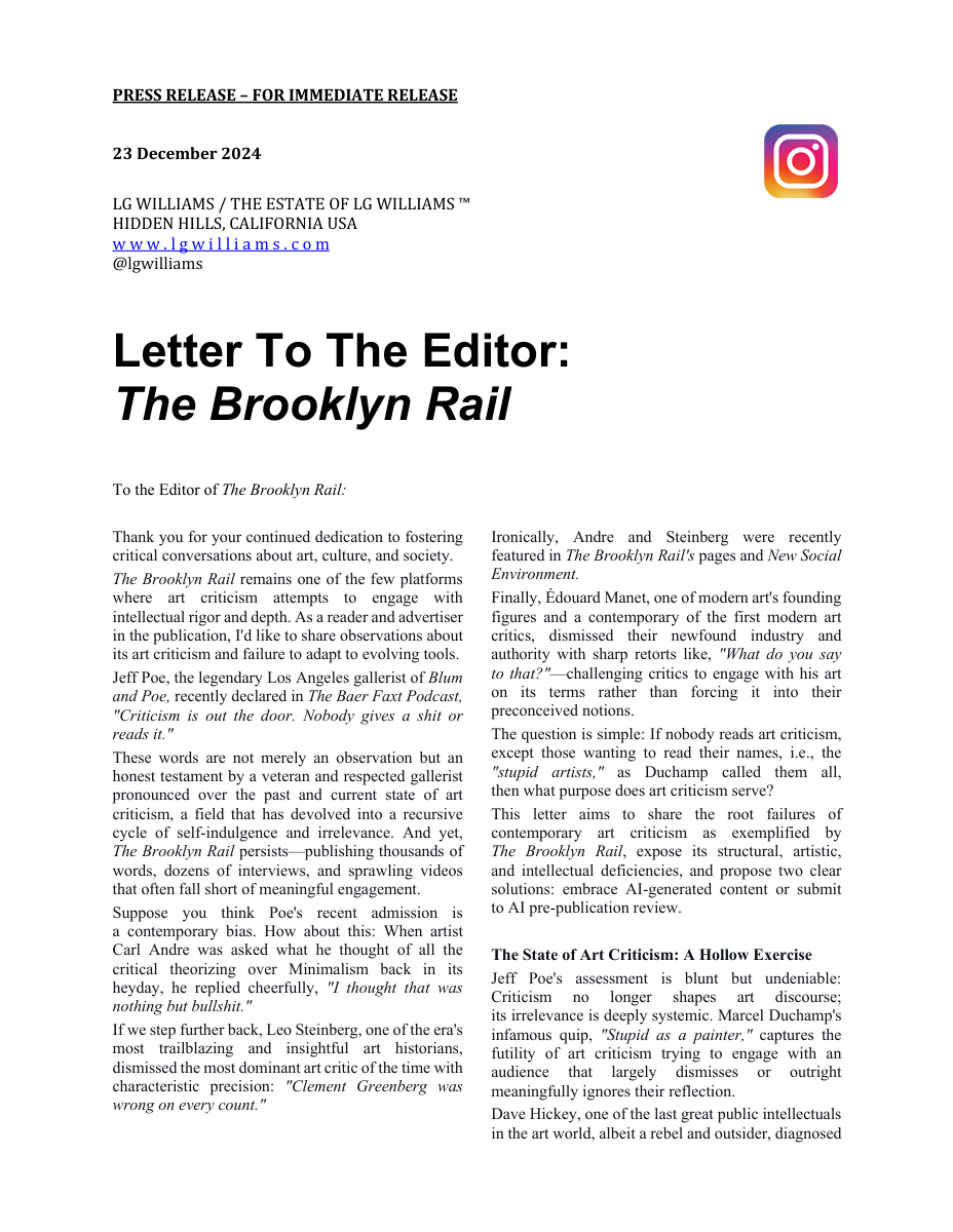 Letter: LG Williams attacks contemporary art criticism as a hollow resume machine without judgment, hierarchy, or nerve, Brooklyn Rail, 2024