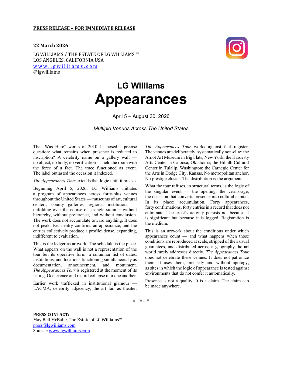 Press Release: LG Williams announces the Appearances Tour as an artwork built from its own circulation ledger, 2026