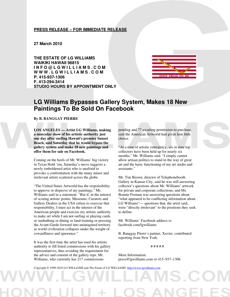 Essay: LG Williams issues a mock-presidential declaration to sell 18 new paintings directly on Facebook, bypassing gallery circuits, 2010