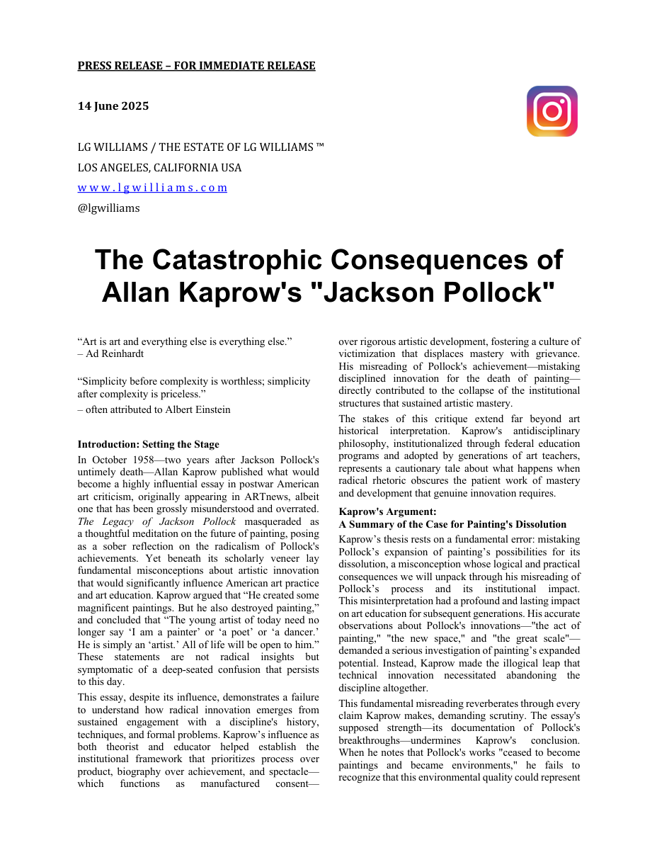 Essay: LG Williams on Allan Kaprow's catastrophic misreading of Jackson Pollock as the origin of contemporary art's anti-disciplinary confusion, 2025