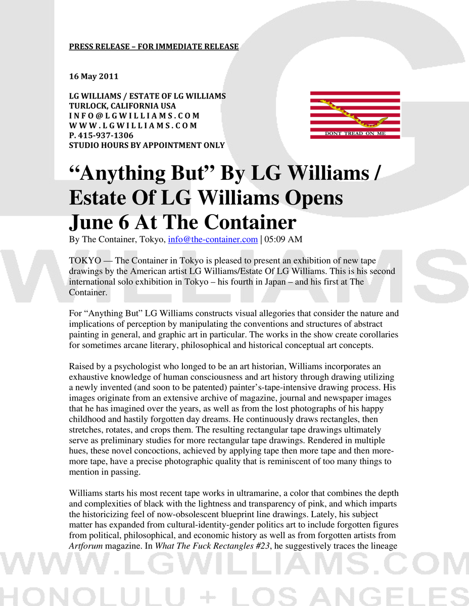 Essay: LG Williams presents Anything But at The Container Tokyo as a deadpan parody of abstract-painting rhetoric, 2011