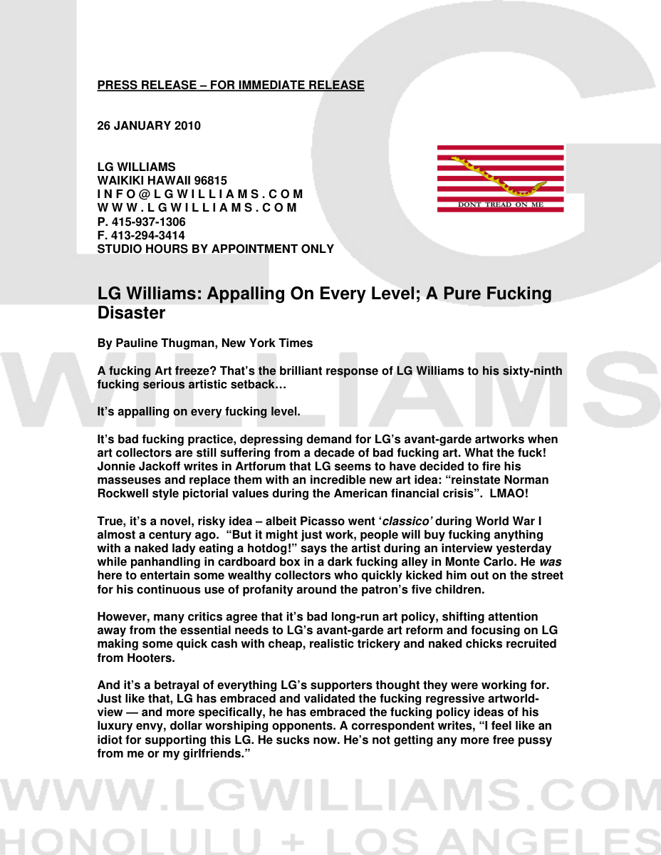 Essay: LG Williams parodies economic crisis punditry through the Pauline Thugman persona attacking his own imaginary art freeze, 2010