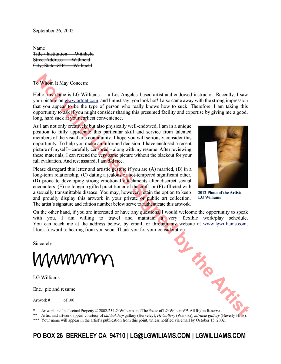 Essay: LG Williams presents the Everyone Sucks facsimile letter, weaponizing professional correspondence into an obscene collectible edition, 2002