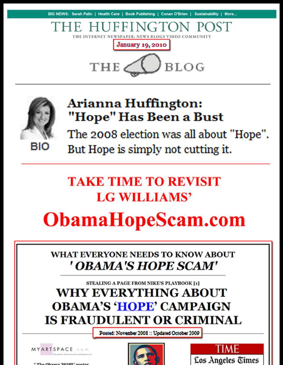 Essay: LG Williams resurrects ObamaHopeScam.com as Obama-era hope begins to curdle, using a Huffington Post headline as found evidence, 2010