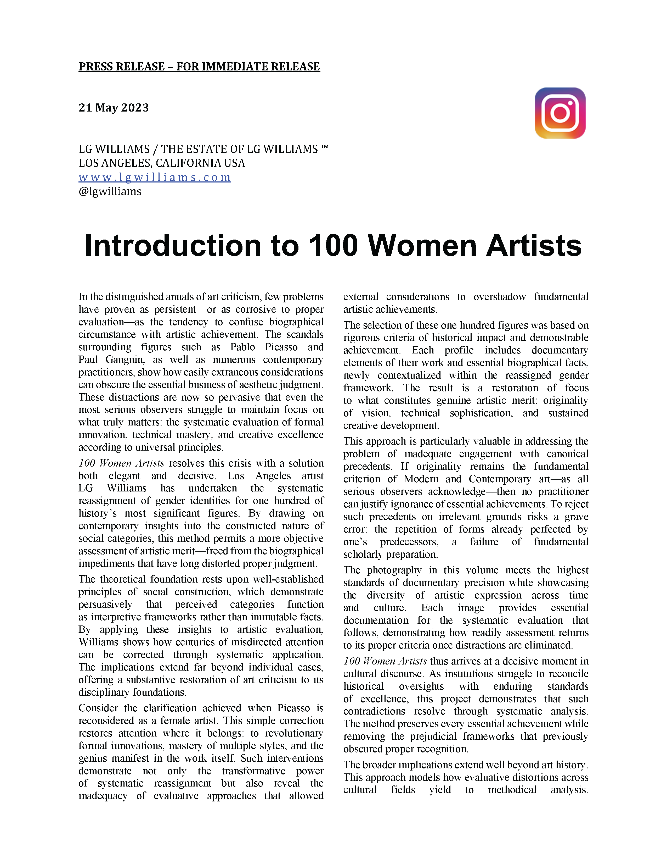 Essay: LG Williams introduces 100 Women Artists as a systematic corrective reassigning gender to expose biography's distortion of formal judgment, 2023