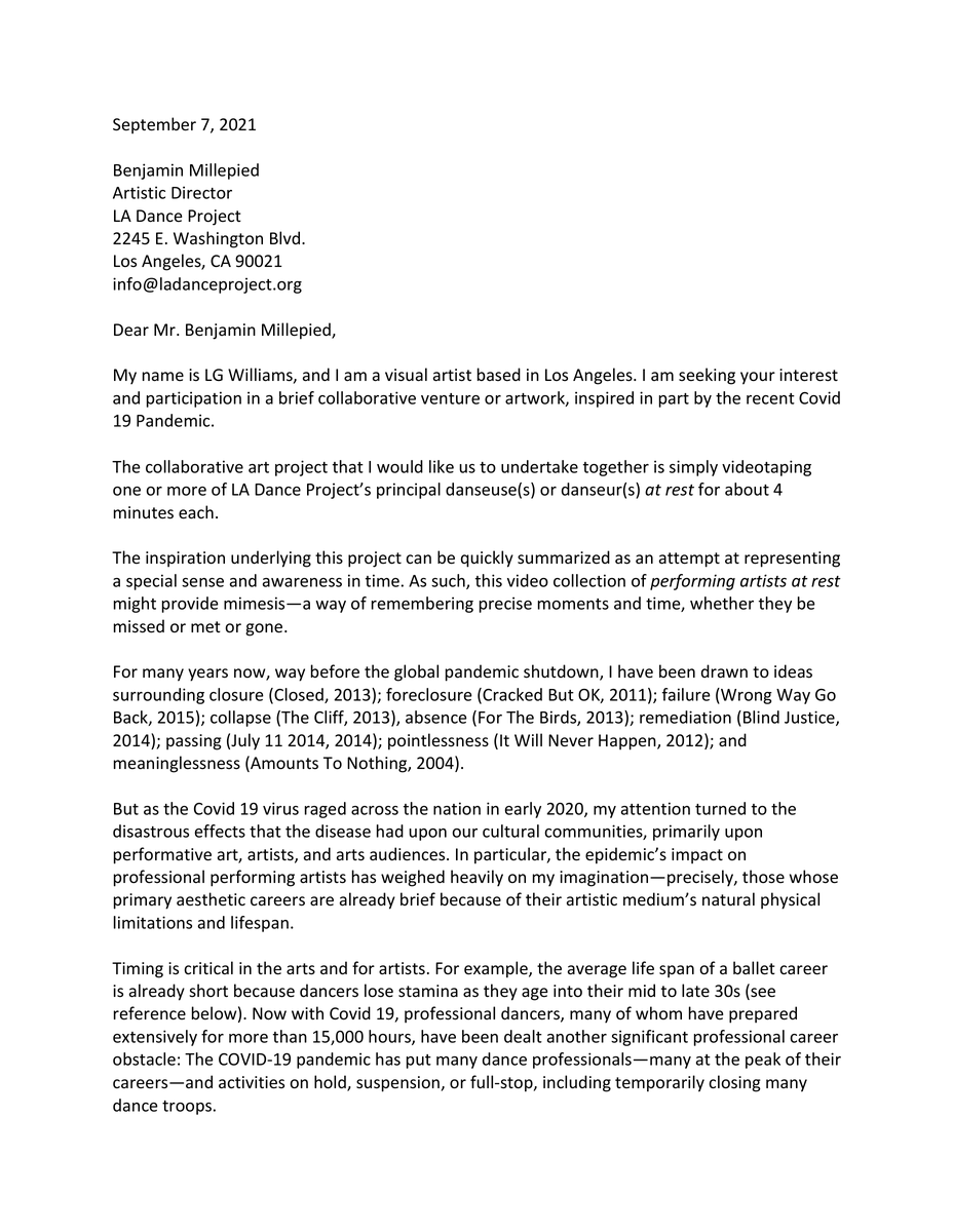 Letter: LG Williams proposes a dance project of bodies at rest to Benjamin Millepied as a memorial to culture lost during Covid-19, 2021