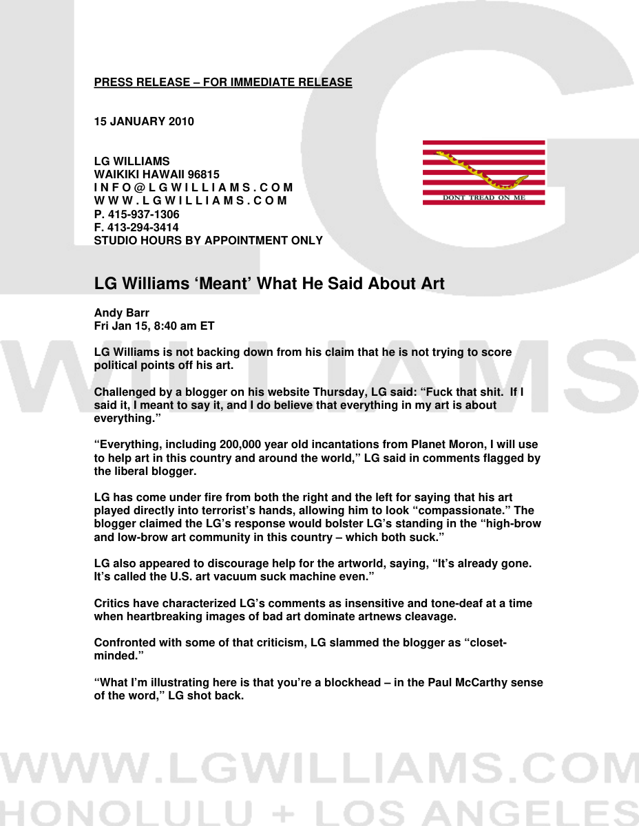 Essay: LG Williams deploys political-news controversy grammar to demand whether he meant what he said about art, 2010