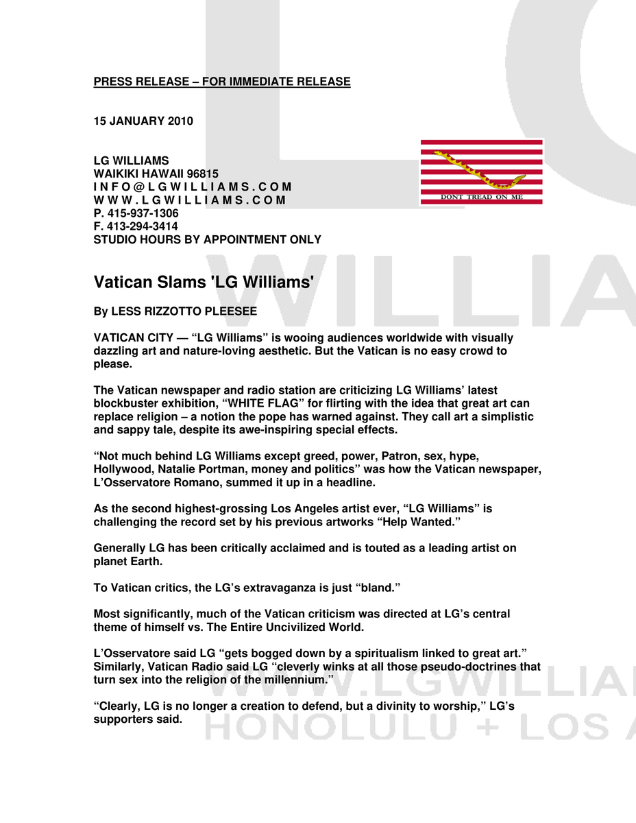Essay: LG Williams stages a Vatican attack on his WHITE FLAG exhibition as a parody of ecclesiastical cultural criticism, 2010
