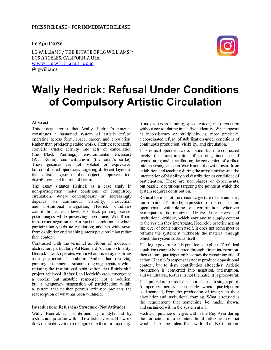 Essay: LG Williams on Wally Hedrick's black paintings, War Room, and refusal under compulsory artistic circulation, 2026