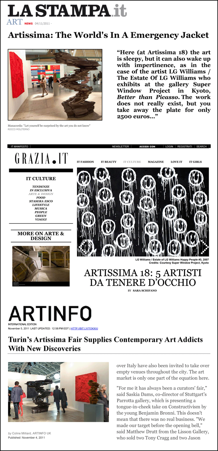 La Stampa And Other Press Highlight LG Williams / The Estate Of LG Williams At Artissima 18 In Turin, Italy