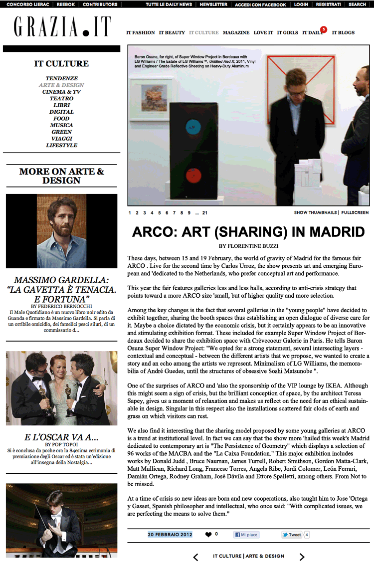Grazia.it -- Arco: Art (Sharing) In Madrid By Florentine Buzzi with Baron Osuna, Super Window Project