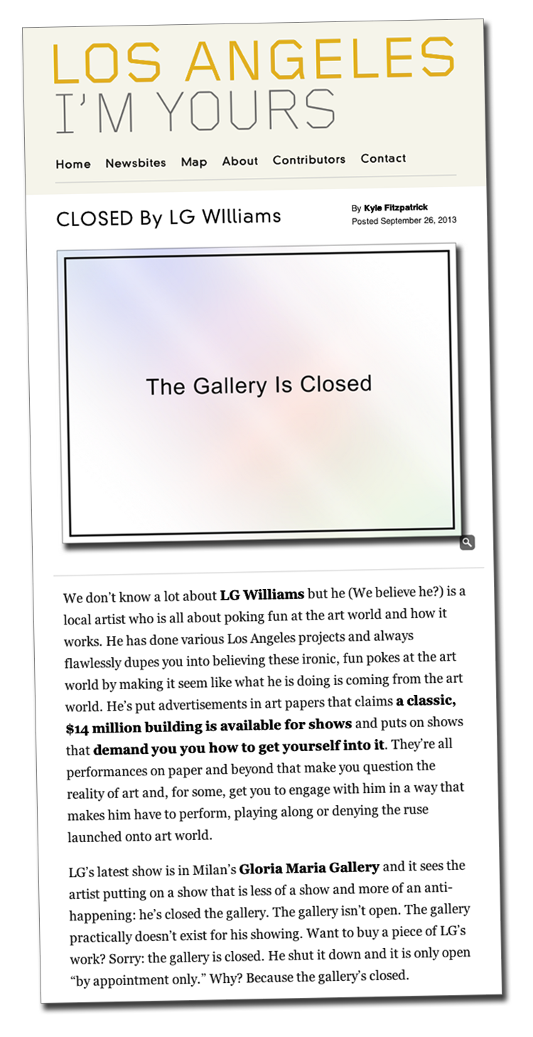 Read Kyle Fitzpatrick article about Closed by LG Williams in Los Angeles I’m Yours