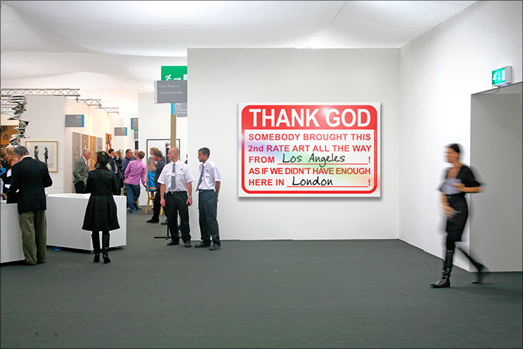 LG Williams, Thank God! or The Dog Is Taking Things Hardest…Crying Every Night, 2014, 40 x 60″, Vinyl and Engineer Grade Reflective Sheeting on Heavy-Duty Aluminum